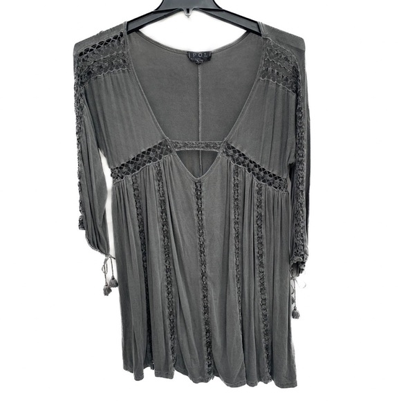 POL Grey V-Neck Long Sleeve Tunic Dress Ladder Lace Grunge Fairy y2k Sz Small - Picture 1 of 7